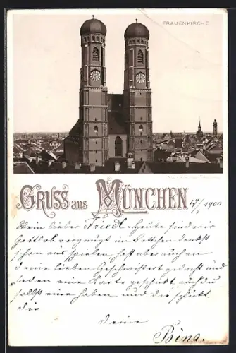 Lithographie München, Frauenkirche und Stadtansicht