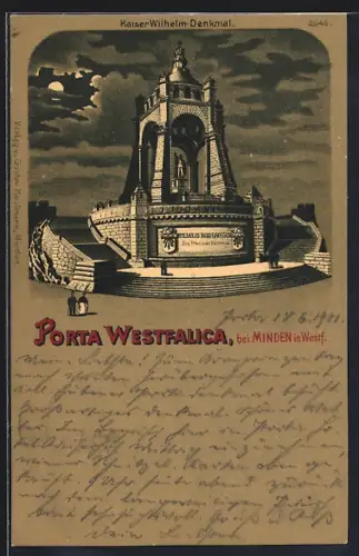 Lithographie Porta Westfalica, Kaiser Wilhelm-Denkmal