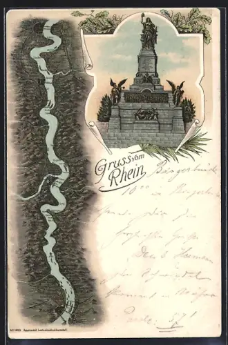 Lithographie Niederwald-Denkmal, Rhein zwischen Mainz und Köln aus der Vogelschau