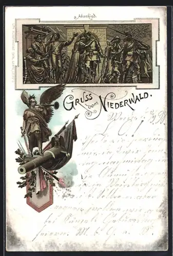 Lithographie Rüdesheim, Niederwald-Denkmal, Abschied