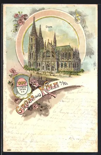 Lithographie Köln, Dom mit Umgebung, Wappen, Blumen