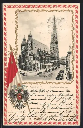 Präge-AK Wien, Stefanskirche mit Strasse im Winter, Flagge u. Wappen