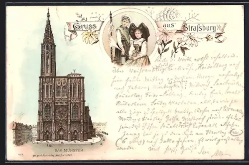 Lithographie Strassburg i. E., Münster, Weberinnen in Tracht