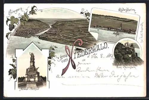 Lithographie Bingen / Rhein, Totalansicht mit Rüdesheim