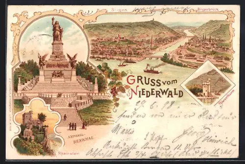 Lithographie Bingen / Rhein, Mäuselturm, National-Denkmal, Burg Rheinstein