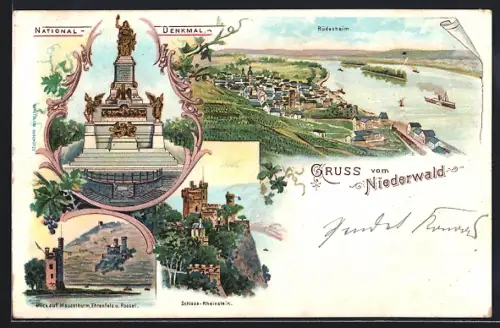 Lithographie Rüdesheim am Rhein, National-Denkmal, Blick auf Mäusethurm, Ehrenfels u. Rossel, Schloss-Rheinstein