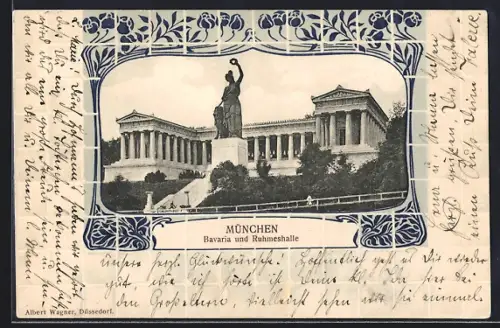 AK München, Ruhmeshalle mit Bavaria, Ornament-Rahmen