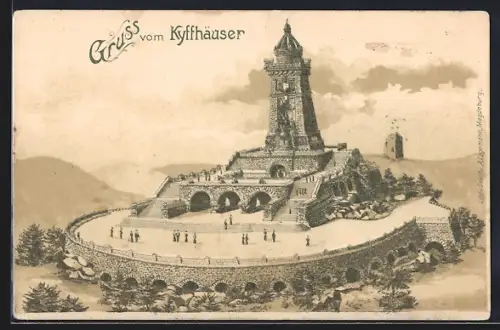 Künstler-AK Kyffhäuser, Kaiser Wilhelm-Denkmal aus der Vogelschau