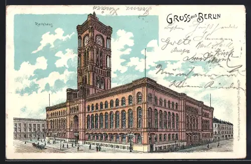 Lithographie Berlin, Rathaus mit Strasse