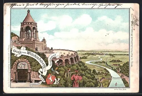 Lithographie Porta Westfalica, Kaiserdenkmal auf dem Wittekindsberg