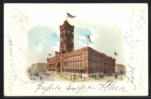 Lithographie Berlin, Ansicht vom Rathaus in der Königstrasse