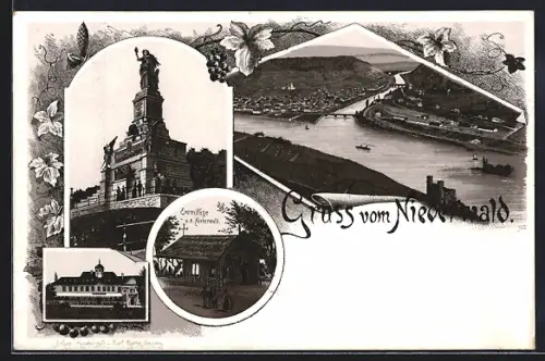 Lithographie Bingen / Rhein, Niederwalddenkmal, Blick über den Ort, Eremitage