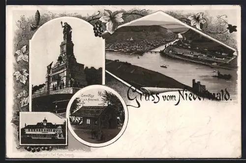 Lithographie Bingen / Rhein, Niederwalddenkmal, Blick über den Ort, Eremitage