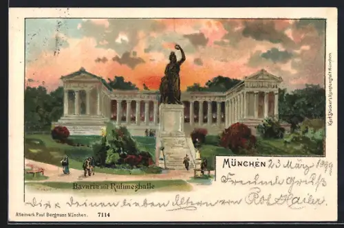 Lithographie München, Bavaria mit der Ruhmeshalle
