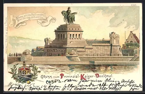 Lithographie Coblenz, Provinzial-Kaiser-Denkmal am Deutschen Eck