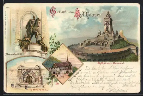 Lithographie Kyffhäuser, Reiterstandbild, Barbarossa, Kyffhäuser Denkmal