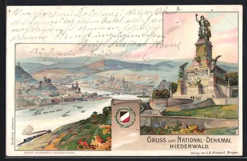 Lithographie Gruss vom National-Denkmal Niederwald, Panorama und Wappen