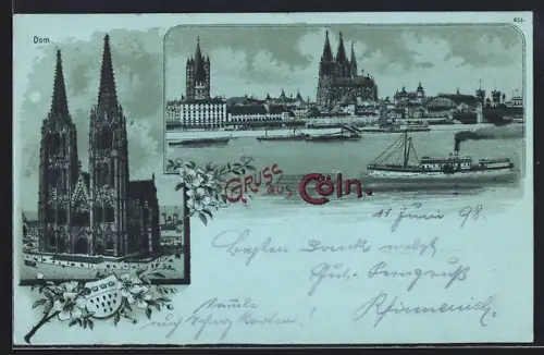 Mondschein-Lithographie Cöln, Dom, Stadtpanorama mit Rheindampfer, Wappen
