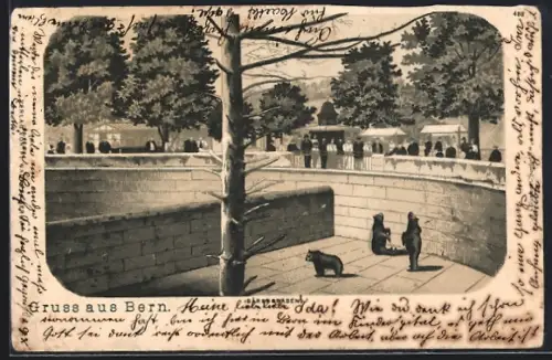Lithographie Bern, Bärengraben mit Bären u. Publikum