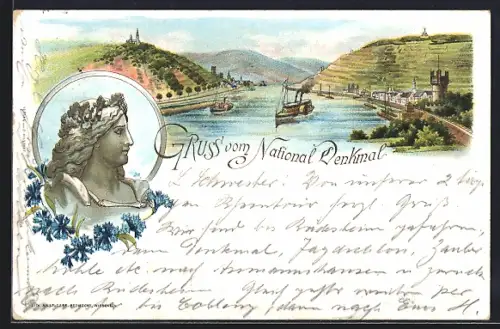 Lithographie Niederwald, National Denkmal mit Umgebung aus der Vogelschau, Germania mit Eichenkranz u. Kornblumen