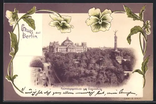 Lithographie Berlin-Tiergarten, Reichstagsgebäude mit Siegessäule