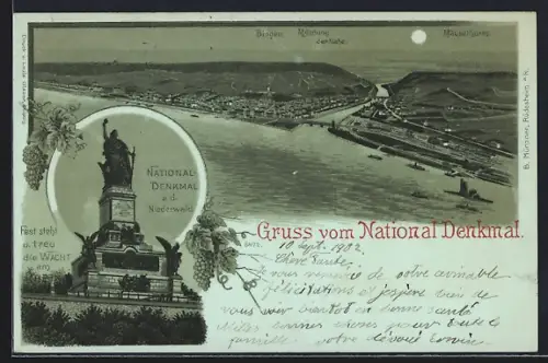 Lithographie Rüdesheim am Rhein, Nationaldenkmal a. d. Niederwald, Mündung der Nahe, Mäuseturm um 1900