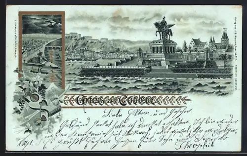 Lithographie Coblenz, Ortsansicht mit Denkmal Wilhelm I., Lyra und Trauben