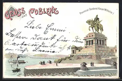Lithographie Coblenz, Provinzial Denkmal Kaiser Wilhelm I., Ansicht vom Wasser