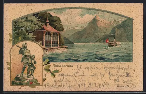 Lithographie Seelisberg, Tellskapelle mit Fluss und Bergen