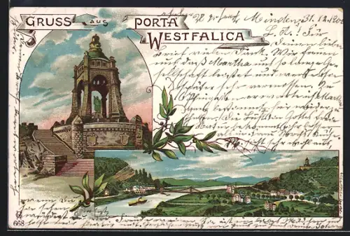 Lithographie Porta Westfalica, Kaiser Wilhelm-Denkmal mit Umgebung