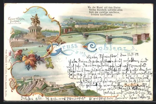 Lithographie Coblenz, Festung, Kaiser Wilhelm-Denkmal am Deutschen Eck, Moselbrücke mit Stadt
