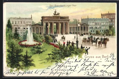 Lithographie Berlin, Das Brandenburger Tor mit Springbrunnen