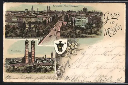 Lithographie München, Frauenkirche mit Panorama v. Maximilianeum