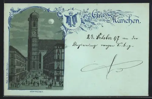Mondschein-Lithographie München, Frauenkirche, Domfreiheit, Kindl-Wappen