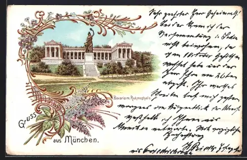 Lithographie München, Ruhmeshalle mit Bavaria, Ornament-Rahmen