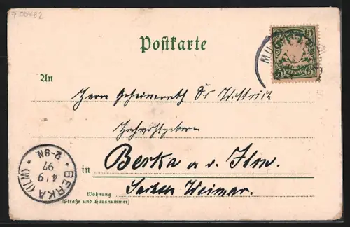 Lithographie München, Ruhmeshalle mit Bavaria, Ornament-Rahmen