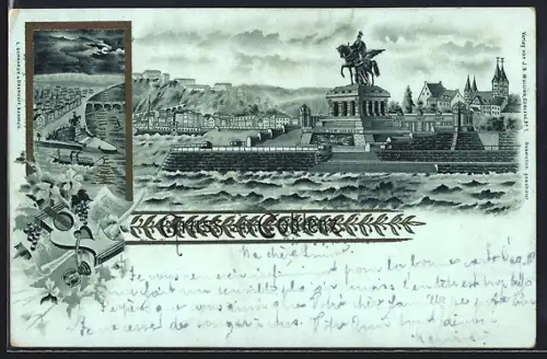Lithographie Coblenz, Ortsansicht mit Denkmal Wilhelm I., Lyra und Trauben