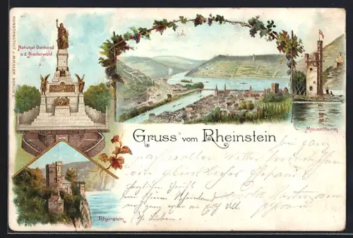 Lithographie Bingen / Rhein, Rheinstein, Mäusethurm