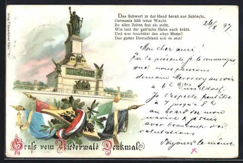 Lithographie Niederwald Denkmal, Spruch