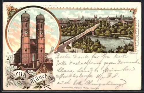 Lithographie München, Panorama, Totalansicht Frauenkirche