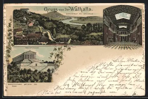 Lithographie Donaustauf, Walhalla, verschiedene Motive