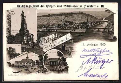 Lithographie Niederwald, National-Denkmal, Jagdschloss, Rossel, Eremitage, Huldigungsfahrt Militär-Verein Frankfurt