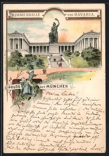 Lithographie München, Ruhmeshalle und Bavaria