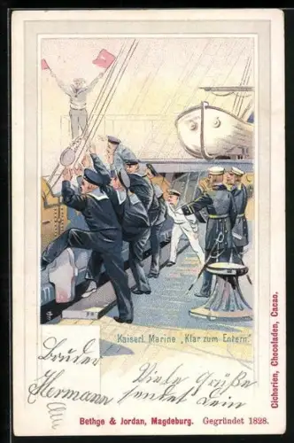 Lithographie Kaiserl. Marine, Klar zum Entern, Matrose gibt seinen Kameraden Signal zum Entern