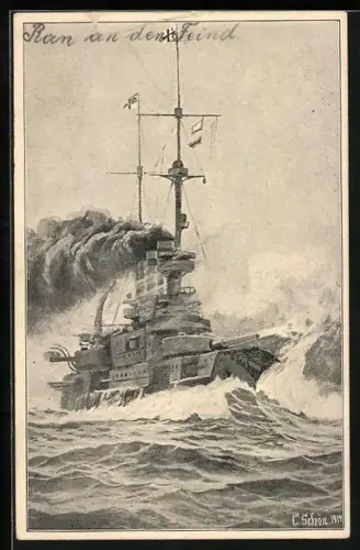 Künstler-AK Ran an den Feind, Kriegsschiff im Gefecht