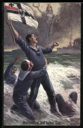 AK Heldentod auf hoher See, Matrosen mit Reichskriegsfahne