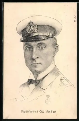 Künstler-AK Portrait des Kapitänleutnanten Otto Weddigen, dem Kommandanten des U-Bootes U9