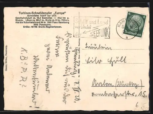AK Turbinen-Schnelldampfer Europa in Fahrt