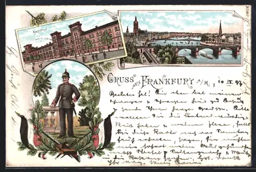 Lithographie Frankfurt a. M., Kaserne, Mainbrücke, Stadtpanorama