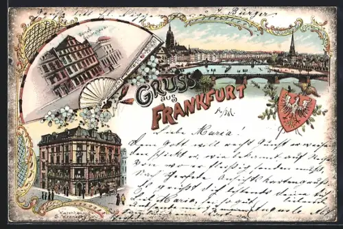Lithographie Alt-Frankfurt, Warenhaus S. Wronker, Goethes Geburtshaus und Stadtpanorama